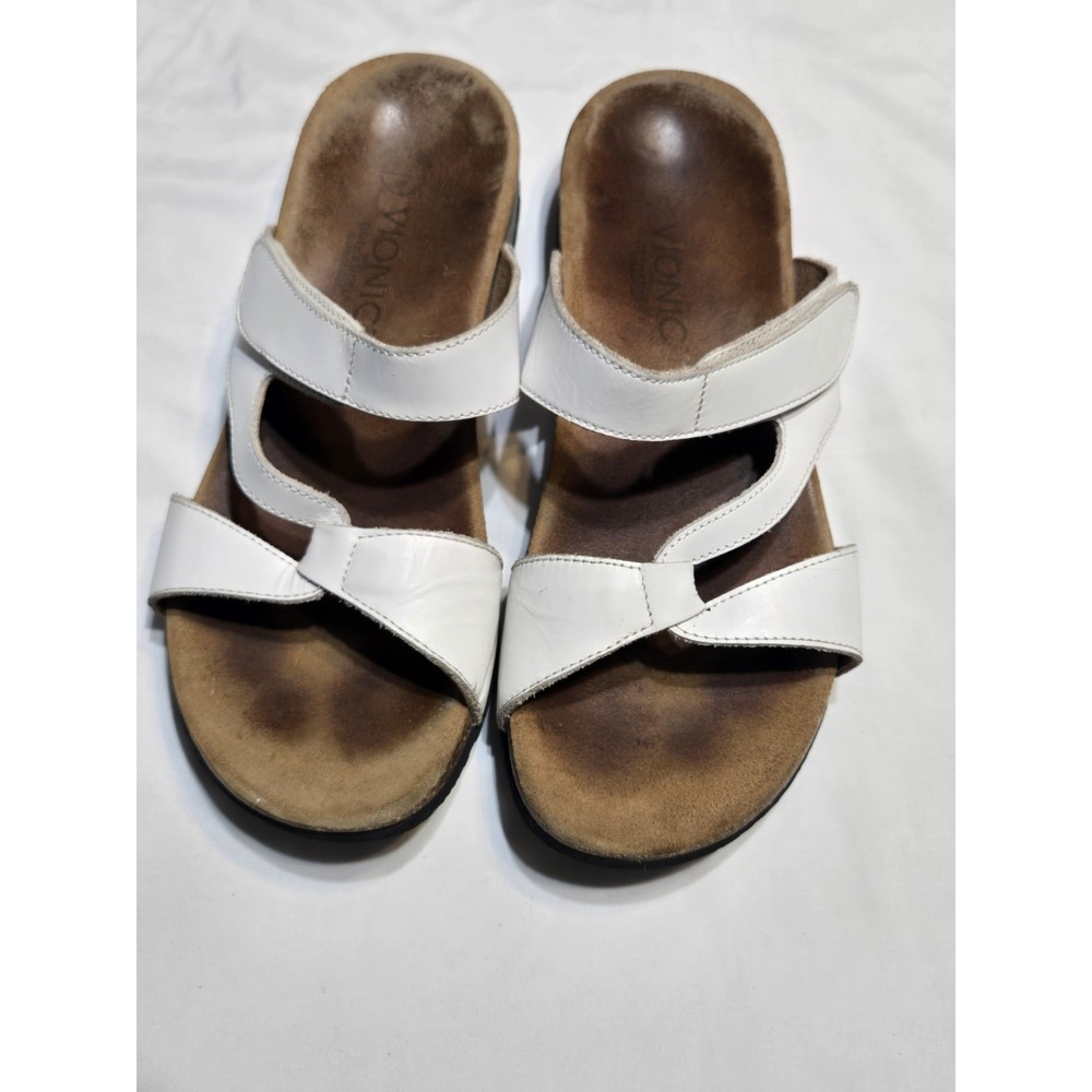 Vionic Pamplona White Leather Orthotic Comfort Slide Sandals Size 9 Strappy